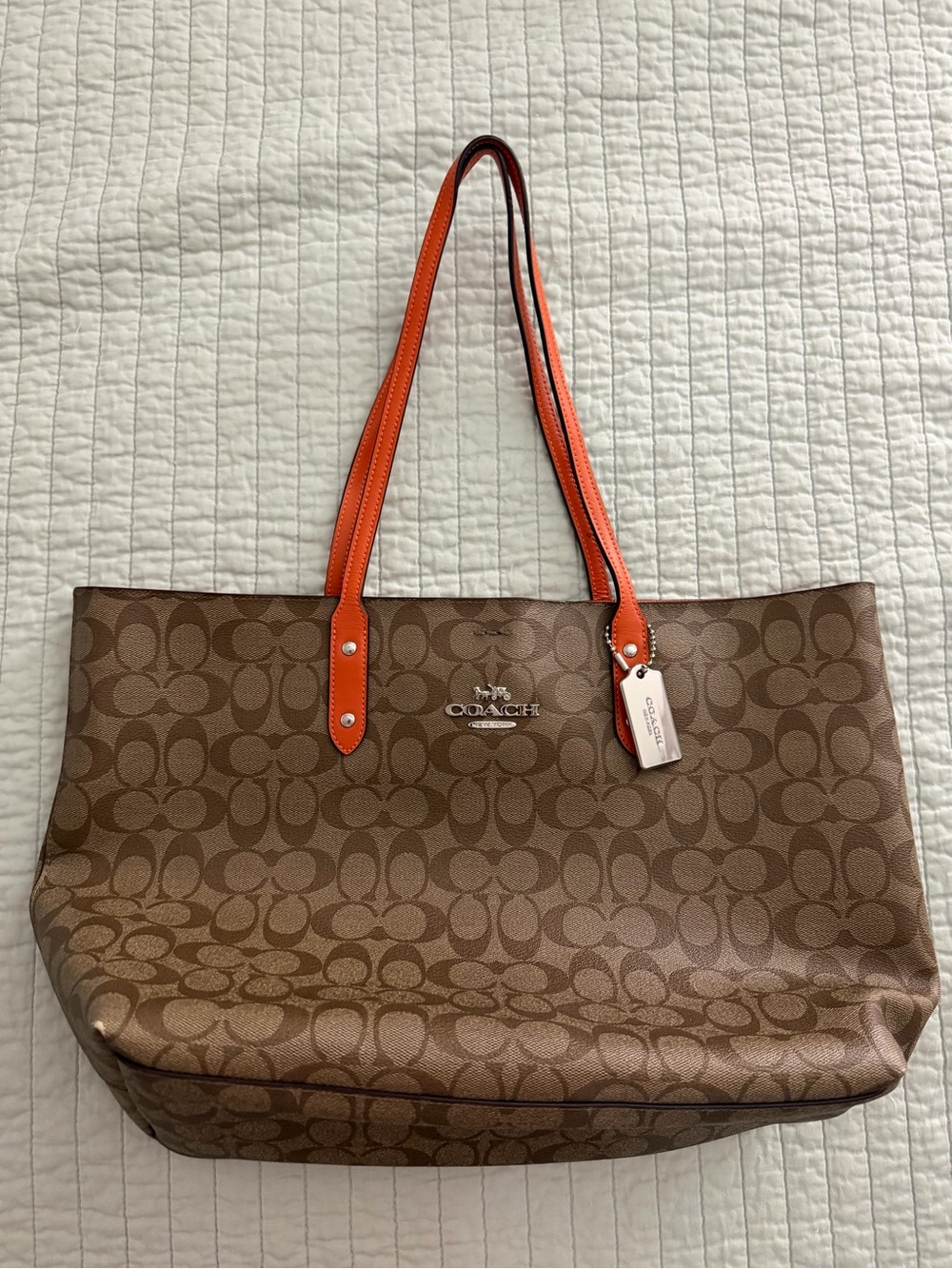 COACH Brown Signature Tote with Orange Leather Handles
